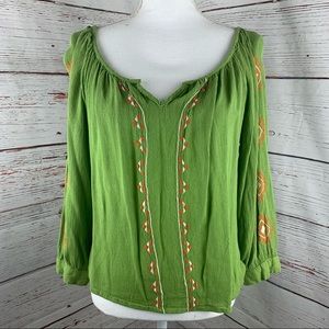 Mimi Chica Green Boho Embroidered Peasant Top – Size M